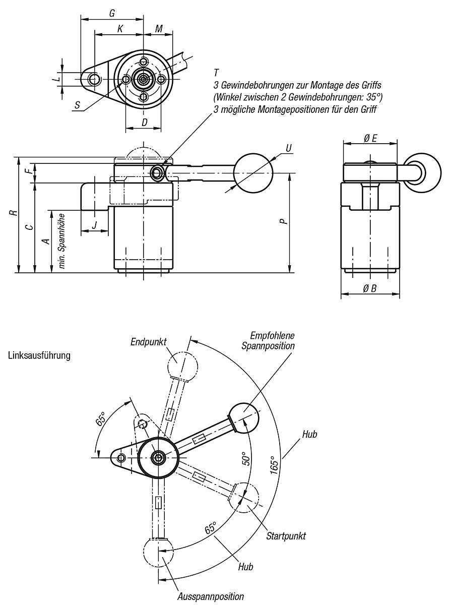 Kipp K0912.003232 SCHWENKSPANNER OHNE GRIFF, SPANNEN GEGEN UHRZEIGERSINN - K0912-LA Schwenkspanner - Linksausfuehrung - Massblatt
