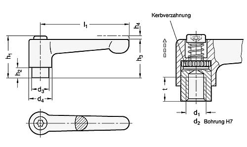 Ganter 302.1-22-M3-OS Flache verstellbare Klemmhebel, Zink Druckguss, Buchse Edelstahl - GN 302-1 Flache verstellbare Klemmhebel - Zink Druckguss - Buchse Edelstahl-Abbildung