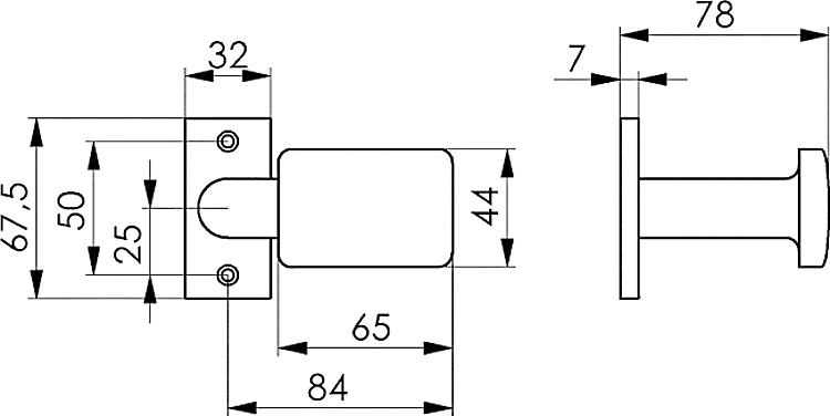 AMF 405 Türknopf, gekröpft, drehbar, Gewicht: 193 g, drehbar: Ja, Rosette: 32 x 67,5 mm - LE 405-406 Tuerknopf - gekroepft - drehbar -Skizze