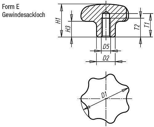 Norelem 06194-532062 STERNGRIFF                    EDELSTAHL, FORM E, D1=32, D5=M6 - Norelem 06194-E Sterngriffe aehnlich DIN 6336 Edelstahl - Form E
