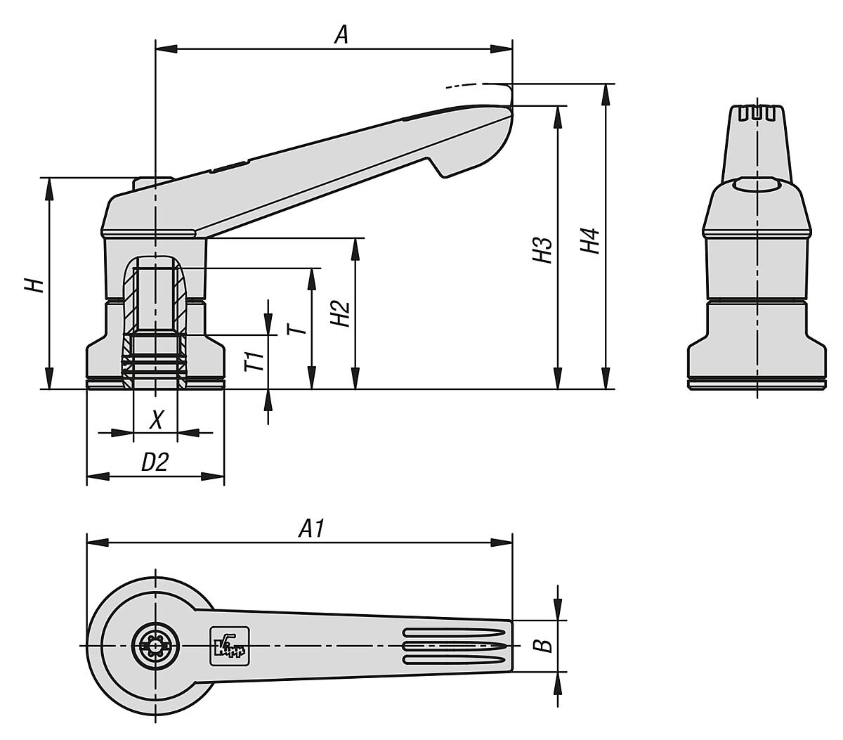 Kipp K1597.3101 KLEMMHEBEL MIT SPANNKRAFTVERSTÄRKER, GR.3, M10, KUNSTSTOFF SCHWARZ RAL7021, KOMP:STAHL BRÜNIERT - K1597-IG Klemmhebel Kunststoff mit Innengewinde und Spannkraftverstaerker - Massblatt