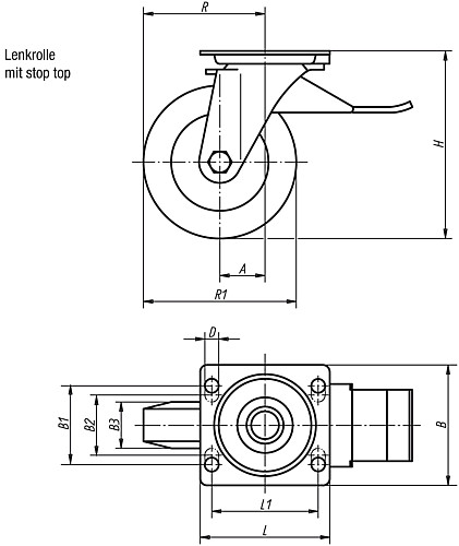 Norelem 95028-100402 LENKROLLE MIT FESTSTELLSYS STOP-TOP, POLYURETHAN, KOMP:STAHL, D=100, B=40 - Norelem 95028-LST Lenkrolle mit stop top