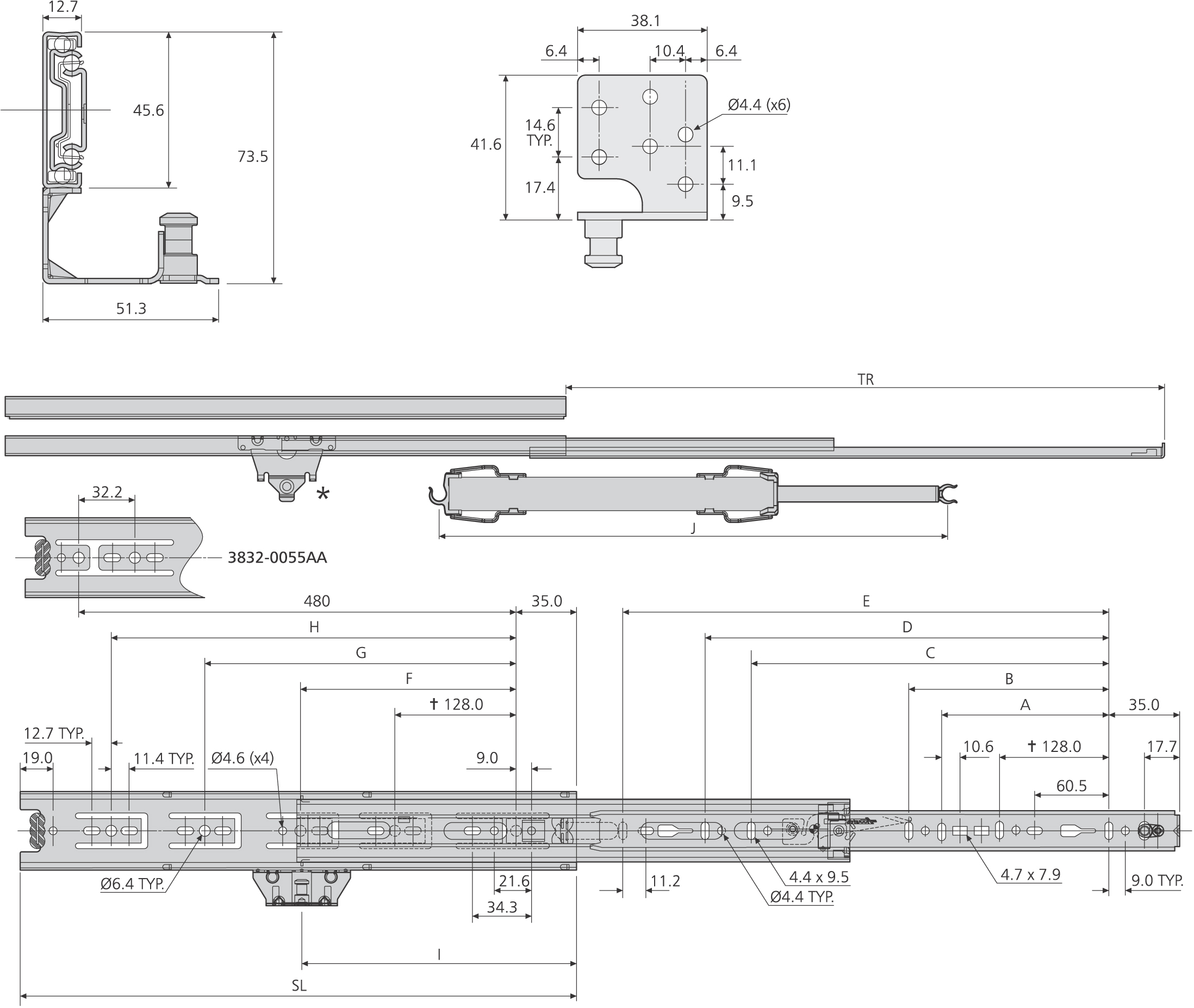 Accuride DB3832-0015 Teleskopschienen 100% Vollauszug, 12,7x45,7, SL 148,TR 140, 39kg, schwarz verzinkt - 3832 AA Accuride Teleskopschiene technische Zeichn