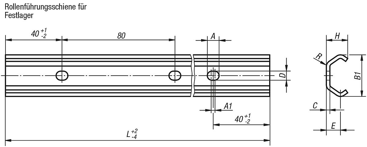 Norelem 21320-120X0800 FÜHRUNGSSCHIENE, FESTLAGER, L=800 MM - LE 21320-F Rollenfuehrungsschienen fuer Festlager - Massblatt