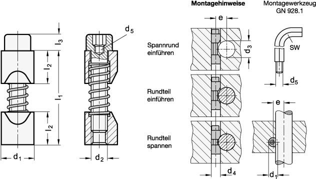 Ganter 928-10-NI  Klemmelemente, Edelstahl, Spannrund, Durchmesser d1: 10, Gewinde: M 5, d3 Rundteil: 10 - 15 - GN 928 Klemmelemente - Edelstahl - Spannrund - Massblatt