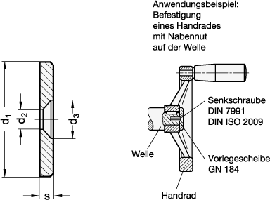 Ganter 184-12  Vorlegescheiben, Stahl, brüniert, Aussendurchmesser d1: 12, d2: 3.2, d3: 6.5 - GN 184 Vorlegescheiben - Stahl - brueniert - Massblatt