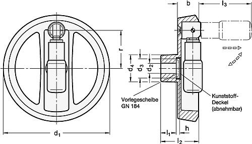 Ganter 924.7-125-K12-R-SR SICHERHEITS UMLEGGRIFF SPEICHENRAD, SILBERN - GN 924-7 Umleggriff Handraeder - Sicherheits Umleggriff-Skizze