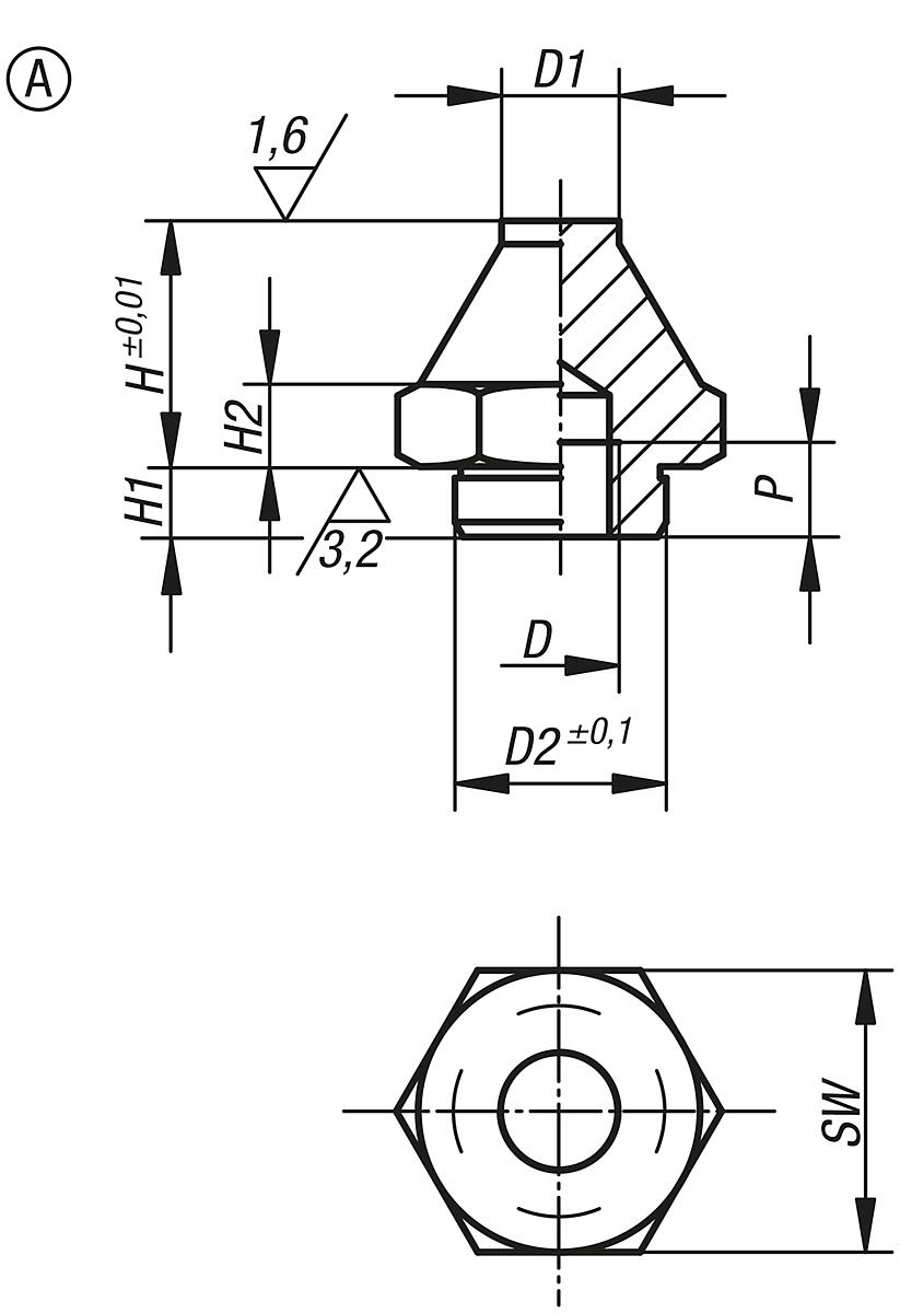 Kipp K0295.106012 AUFLAGEBOLZEN M. POSITIONIERZAPFEN, FORM A, D=M6, H1=12,5 - K0295-A Auflagebolzen mit Positionierzapfen Form A - Massblatt