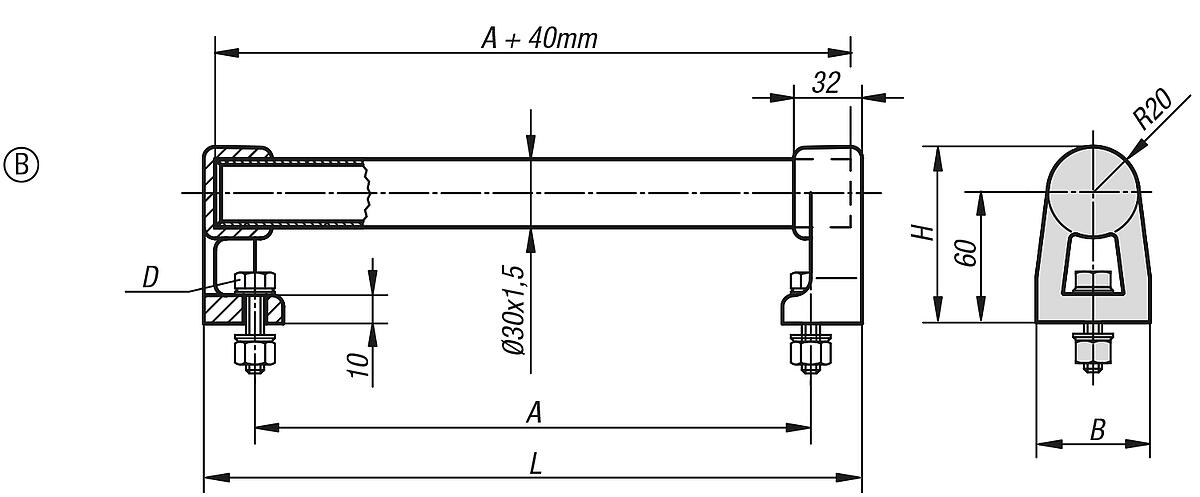 Kipp K0223.200302 ROHRGRIFF FORM B, A=200, SCHWARZ GERIFFELT - K0223-B Rohrgriffe - Form B - Massblatt