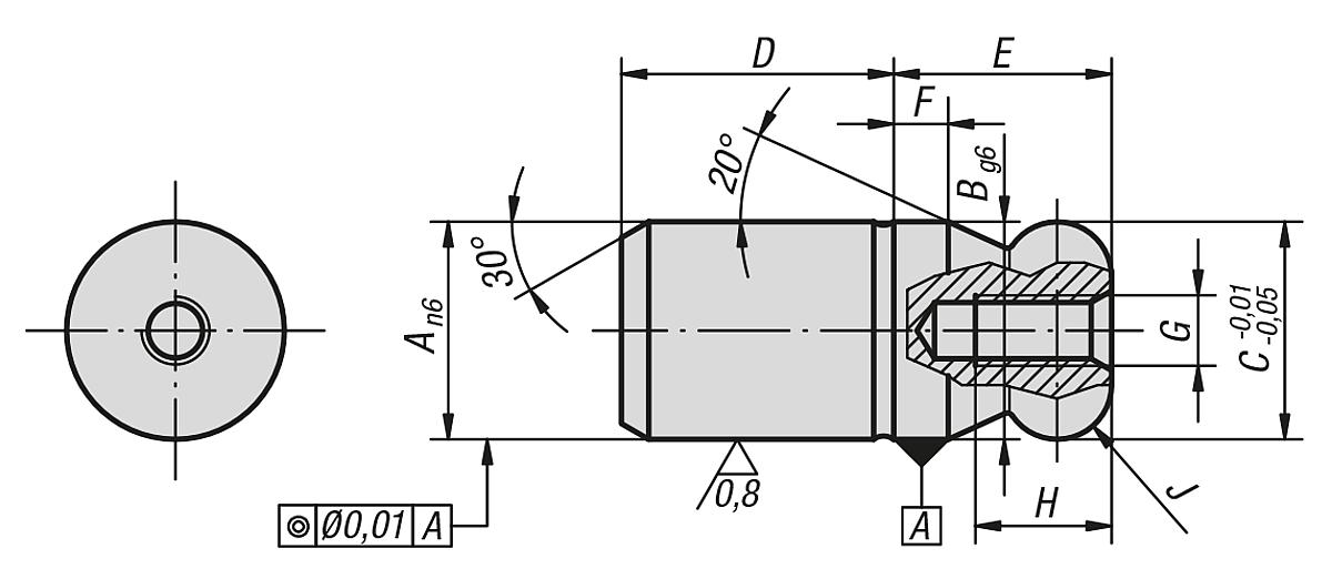 Norelem 03107-512 AUFNAHMEBOLZEN A=12 FORM A    EDELSTAHL, MIT KUGELANSATZ - NLM 03107 Aufnahmebolzen  mit Kugelansatz Form A - Massblatt