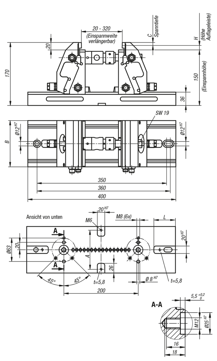 Norelem 41300-124000901500 5-ACHS-SPANNER KOMPAKT NORELEM B=90, EINSATZSTAHL, GLATTE AUSFÜHRUNG, KOMP:WERKZEUGSTAHL - NLM 41300 5-Achs-Spanner kompakt Spannbacken glatt-Skizze