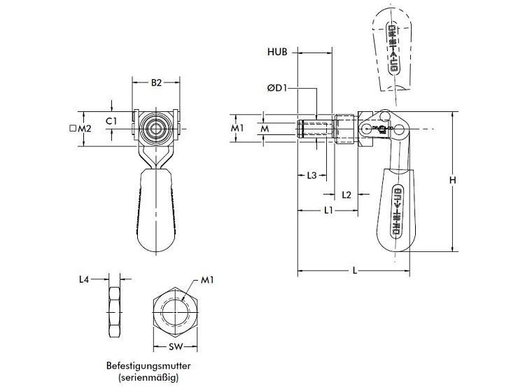 DESTACO 624 Schubstangenspanner Einbau  Haltekraft 3600N, Hub 66mm, INCH: Zoll-Gewinde 3/8-16 - DESTACO 624 Schubstangenspanner Einbau Haltekraft 3600N - Hub 66mm - Technische Zeichnung