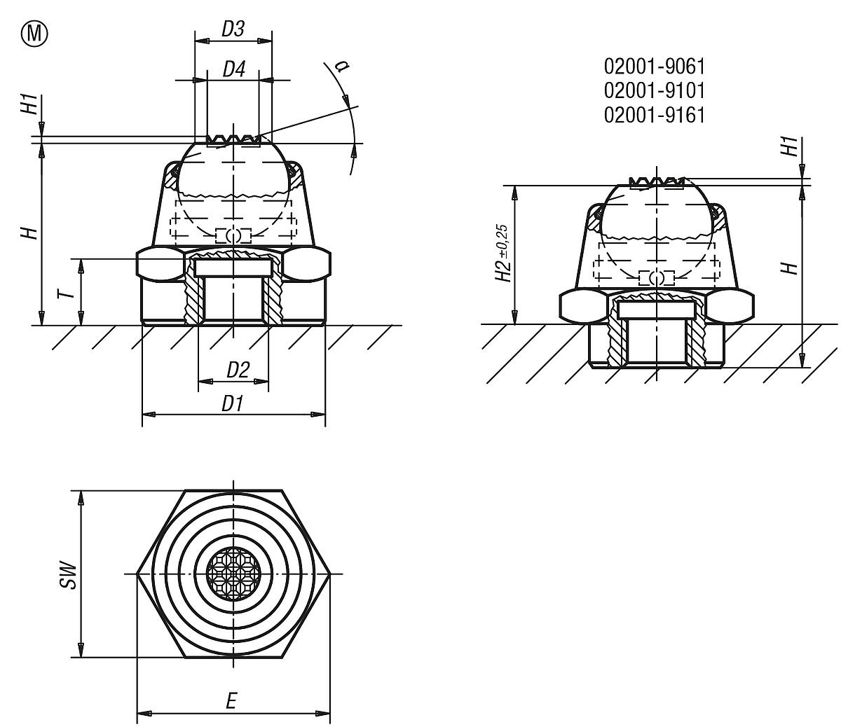 Kipp K0283.906 PENDELAUFLAGE FORM M  M6, D1=16 - K0283-M Pendelauflagen - Neigungswinkel 20 Grad - Form M - Massblatt