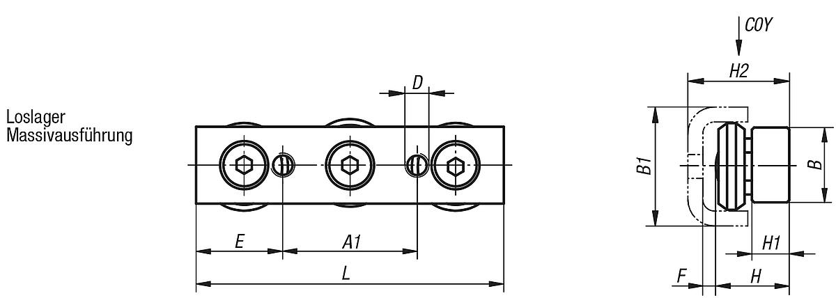 Norelem 21320-345120 ROLLENFÜHRUNGSWAGEN, LOSLAGER IN MASSIVAUSFÜHRUNG - LE 21320-LM Loslager Rollenfuehrungswagen - Massivausfuehrung - Massblatt