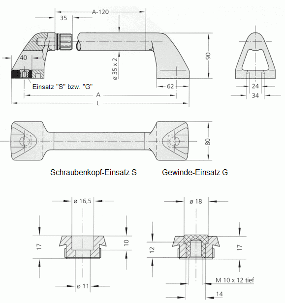 Leschhorn RE-35.000.ES   Griffschenkel mit Gewindeinsatz "S" mit Zylinderschrauben  Schenkel schwarz / Rohr Edelstahl - Leschhorn RE schwere Ausfuehrung fuer Maschinengriffe