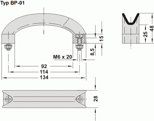 Norelem 06909-11406 NOVO.GRIP BRÜCKENGRIFF A=114, D=6,5, THERMOPLAST - NLM 06909 Brueckengriff - Zeichnung Typ BP-01
