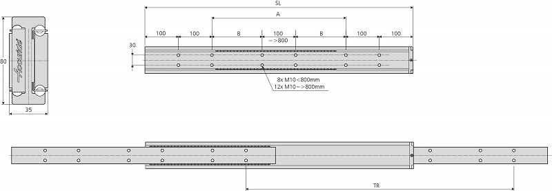 Leschhorn HPTV 8035-100-A2 Hochpräzise Schwerlast Teleskopschienen, Vollauszug, Profil 80x35; L= 1000, Gewinde= M10, Lastwert 745Kg, Edelstahl 1.4301 - LE HPTV8035-A2 Hochpraezise Edelstahl Schwerlast Teleskopschienen - Massblatt