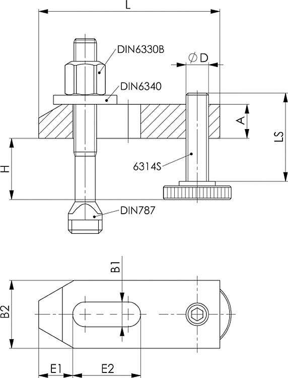AMF 6314V-10 Spanneisen abgeschrägt, mit verstellbarer Stützschraube, komplett, mit Spannschraube: M10x10x80, Nut: 10, D x LS: M10x39 - LE 6314V Spanneisen - abgeschraegt - mit verstellbarer Stuetzschraube - komplett-Skizze