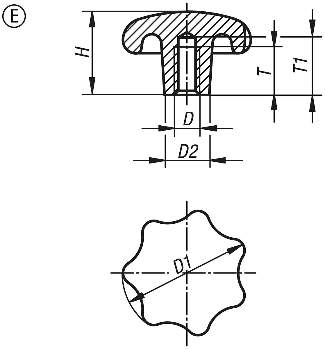 Kipp K0151.516 STERNGRIFF GG, FORM E, D1=80, D5=M16 - K0151-E Sterngriffe DIN 6336 aus Grauguss - Form E - Massblatt