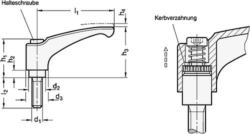 Ganter 602.1-44-M4-12-OS Verstellbare Klemmhebel, Zink Druckguss, Schraube Edelstahl - GN 602-1 Verstellbare Klemmhebel - Zink Druckguss - Schraube Edelstahl-Skizze