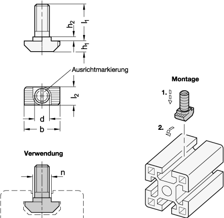 Ganter 52B-10M630-SZ Hammerkopfschrauben, Nutbreite n= 10, Gewinde d= M6, Länge l1= 30, Stahl - GN 52b Hammerkopfschrauben - Stahl - Edelstahl - fuer Aluprofile - b-Baukasten - Massblatt