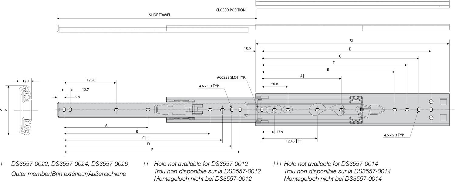 Accuride DS3557-0012 Edelstahl-Teleskopschienen mit Verriegelung in geöffneter Position, 100% Überauszug, 12,7x51,6, SL 305, TR330, 56kg - DS3557 Accuride Edelstahl-Teleskopschienen mit Verriegelung in geoeffneter Position-TZ