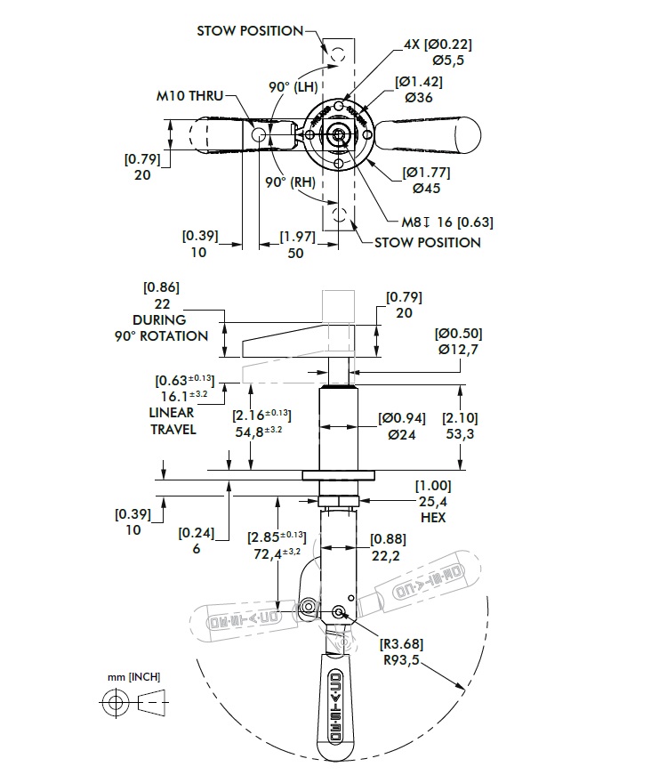 DESTACO 6004-SWL Manuelle Schwenkspanner, max. Haltekraft 2670N, Spannarm-Gewinde M10, linksschwenkend LH - DESTACO 6004-SWL - SWR Manuelle Schwenkspanner - Skizze