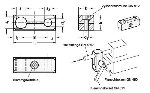 Ganter 474.1-B8-B8-MT Parallel Klemmhalter, Aluminium - GN 474-1 Parallel Klemmhalter - Aluminium-Skizze