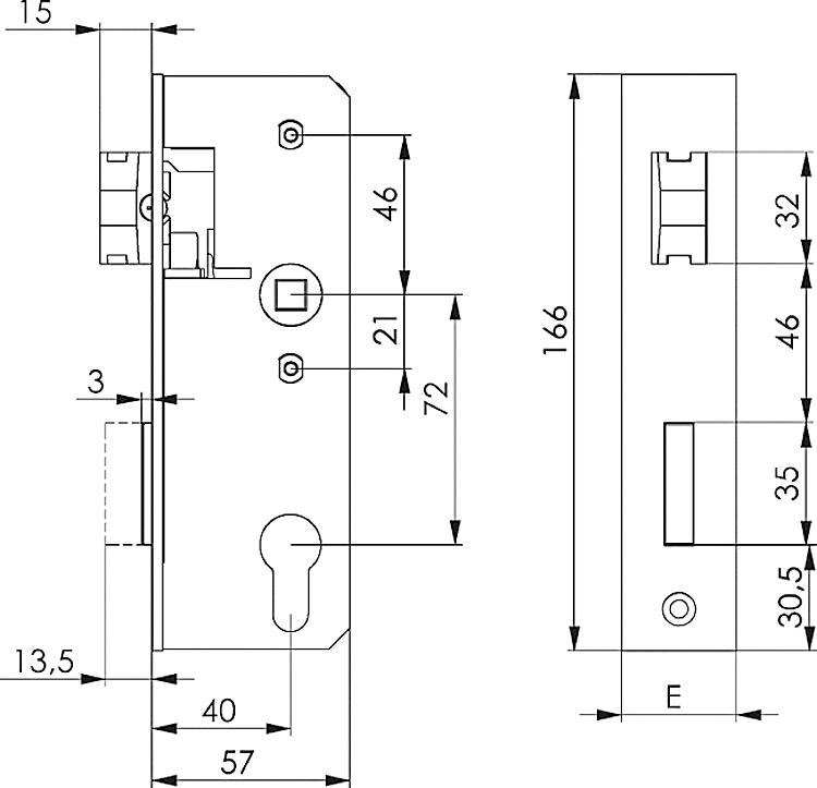 AMF 143UNIG-30ZW Schloss, verzinkt, Schließung: PZW, für Kastenbreite: 30 mm, E: 24 mm - LE 143UNIG Schloss - verzinkt -Skizze