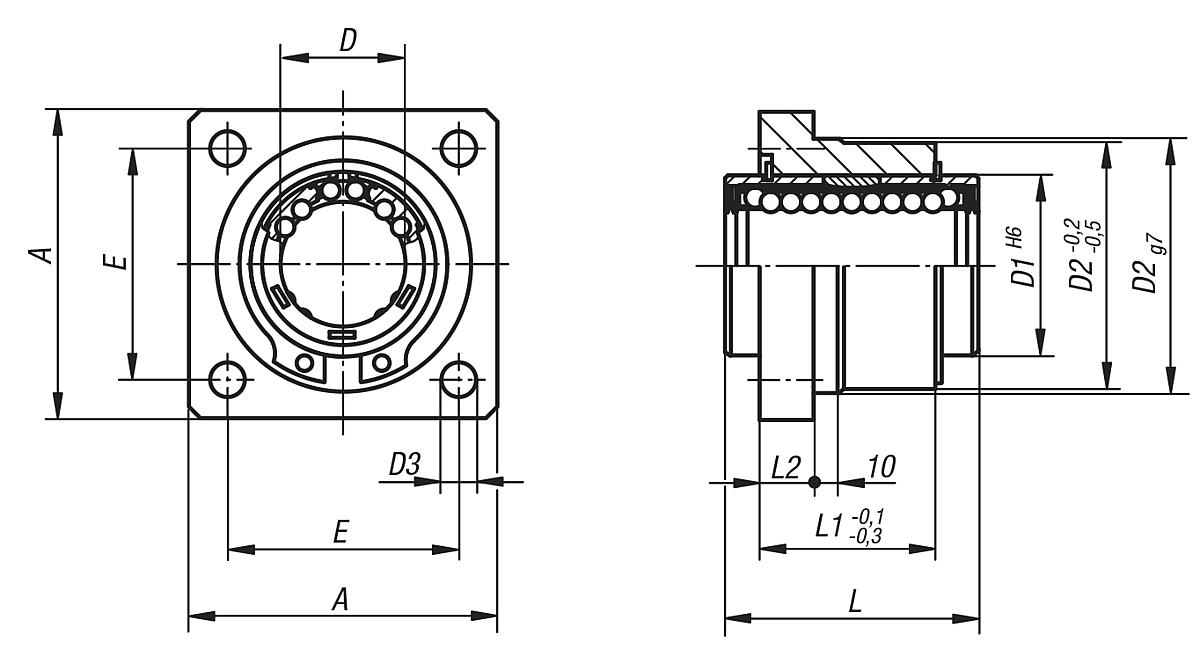 Norelem 21522-121002 LINEARGEHÄUSEEINHEIT D=12, MIT FLANSCH UND KUGELLAGER 21510 - NLM 21522 Lineargehaeuseeinheiten  mit Flansch - Massblatt