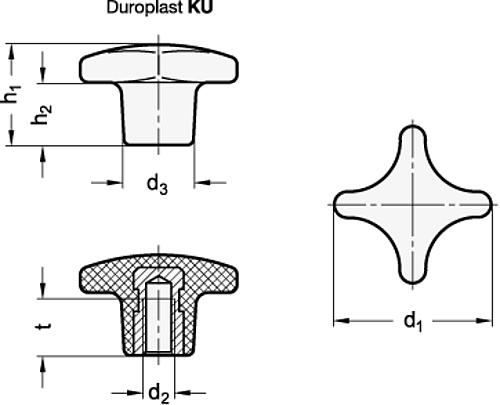 Ganter 6335-KU-20-M4-K-MS KREUZGRIFF M.MS BUCHSE - DIN 6335 Kreuzgriffe - Kunststoff - Buchse Messing-Skizze