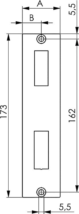 AMF 147SNIG-30 Schiebetor-Schließblech, V2A, für Kastenbreite: 30 mm, A: 30 mm, B: 15 mm - LE 147SNIG-XX-06 Schiebetor-Schliessblech - V2A -Skizze