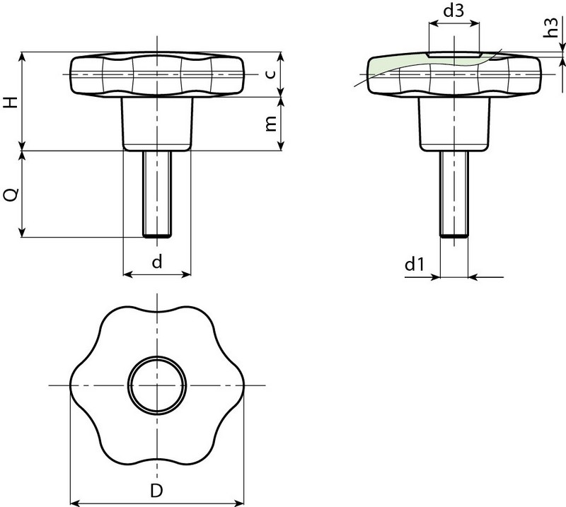 Leschhorn F178-CIN Sterngriffschrauben  D 60; d 24; Gewinde d1 M12X30; Kunststoff PA, schwarz, Schraube Edelstahl 1.4301 (AISI 304) - Boteco F178C Sterngriffschrauben