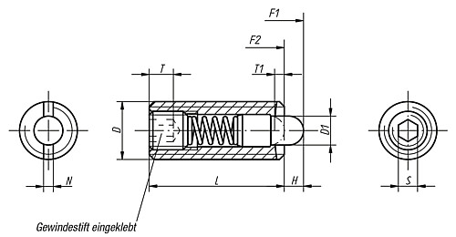Norelem 03055-06 FEDERNDES DRUCKSTÜCK  M6      EDELSTAHL, BOLZEN - Norelem 03055 Federnde Druckstuecke mit Innensechskant und Druckbolzen - Standard Federkraft