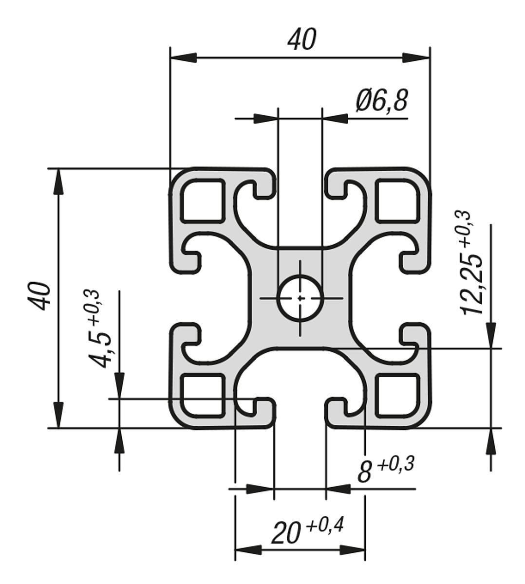 Norelem 10045-084040X1000 ALUMINIUMPROFIL LEICHT 1000X40X40, TYP I - NLM 10045 Aluminiumprofile 40x40 leicht Typ I - Massblatt