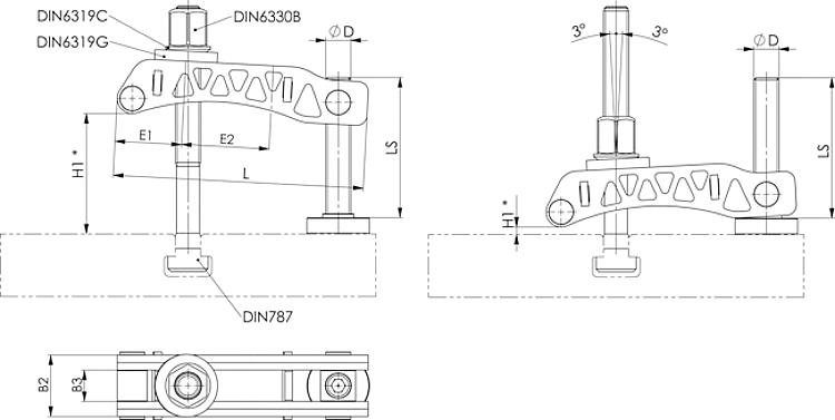 AMF 6311-22x200 Spanneisen, Leichtbau, Spannschraube  DIN 787: -, Nut DIN 508 : 20, 22, 24, 28, B1: 22 - LE 6311 Spanneisen - Leichtbau -Skizze