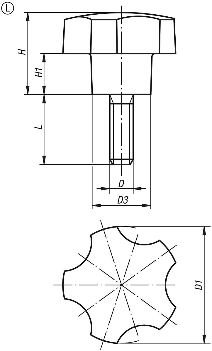 Kipp K0185.4008X24 FÜNFSTERNGRIFF D=40  M8X24 - K0185-AG Fuenfsterngriffe - Aussengewinde - Massblatt