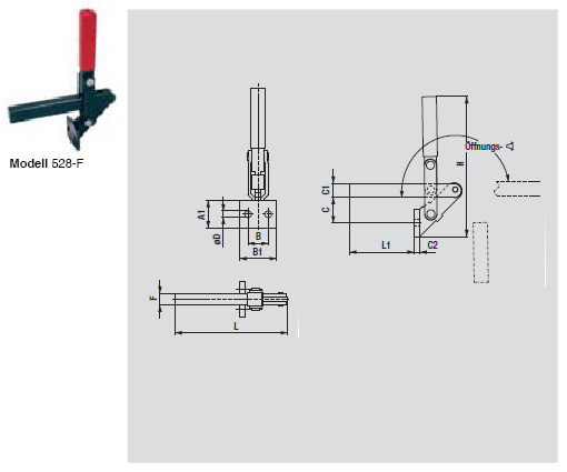 DESTACO 528 Vertikal-Kniehebelspanner Haltekraft 4500 N, Öffnungswinkel 180° - 528-F Vertikalspanner - massiver Spannarm - Fuss abgewinkelt