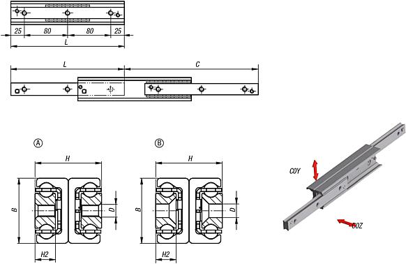 Leschhorn HPDT 28-130 Doppel-T-Form Hochpräzise Teleskopschienen, Lastwert Cy= 236 N, Länge= 130, Hub= 148 mm, Bohrung M5,  Profil 28x26, Material Schiene und Läufer Wälzlagerstahl. - HPDT Doppel T-Profil -TZ