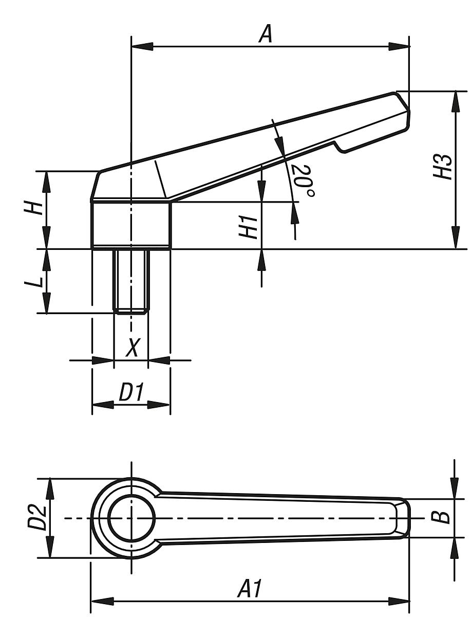 Kipp K0175.106X20 KLEMMHEBEL UNVERSTELLBAR GR.1, M6X20 - K0175-AG Klemmhebel unverstellbar mit Aussengewinde - Massblatt