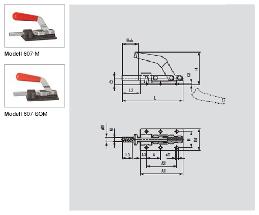 DESTACO 607-M Schubstangenspanner Standard  Haltekraft 3600N, Hub 41mm - 607-M 607-SQM Schubstangenspanner Standard - mit runder oder quadratischer Schubstange