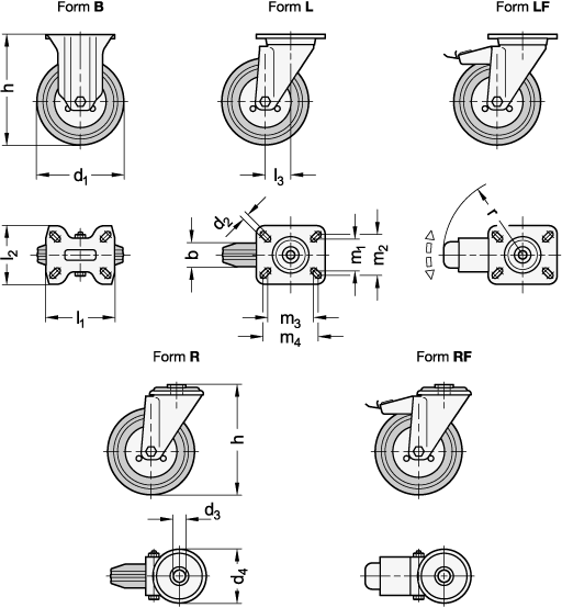 Ganter 22874-100-G-B-L-ST  Transportrollen, Laufbelag Gummi, Radkörper Stahlblech, leichte Ausführung, Raddurchmesser d1: 100, Lagerart: G - Gleitlager, Form (Gehäuse): B - Bockrolle - GN 22874 Transportrollen - Laufbelag Gummi - Radkoerper Stahlblech - leichte Ausfuehrung - Massblatt