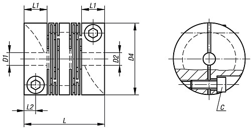 Norelem 23010-2016 FEDERSTEGKUPPLUNG MIT RADIALER KLEMMNABE GR.16 L=23 EDELSTAHL, D4=16, D1/D2=2,5 - Norelem 23010 Federstegkupplungen mit radialer Klemmnabe - Edelstahl