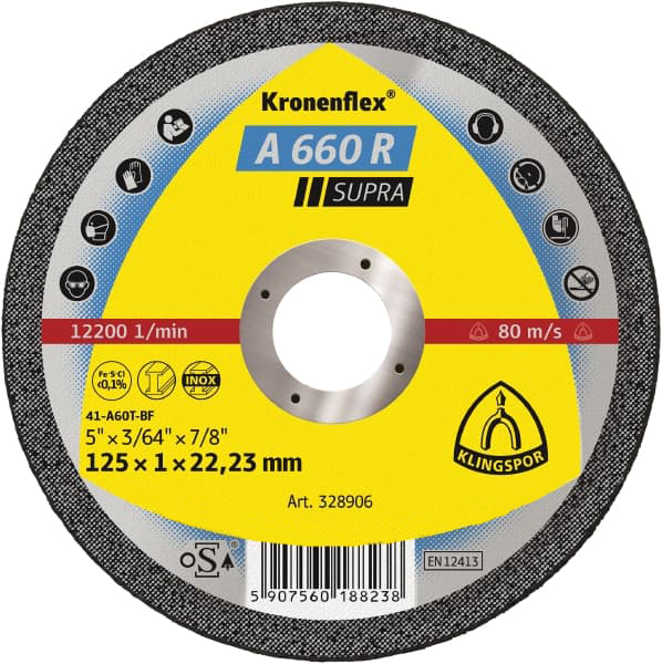 Klingspor 329097 Klingspor A 660 R Supra, Kronenflex® Kleintrennscheibe für Stahl, Edelstahl, Durchmesser 50mm, Dicke 1mm, Bohrung 10mm, Zulässige U/min: 30600, Bauform: gerade, 1 VPE= 60 Stück !!! AUSLAUFMODELL !!! - Klingspor A 660 R Supra - Kronenflex Kleintrennscheibe fuer Stahl - Edelstahl - Abbildung