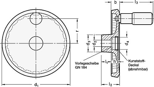 Ganter 923-100-B10-A-SR SCHEIBENHAND, SILBER STRUKTUR BESCHICHTET - GN 923 Scheibenhandraeder - Aluminium - kunststoffbeschichtet-Skizze