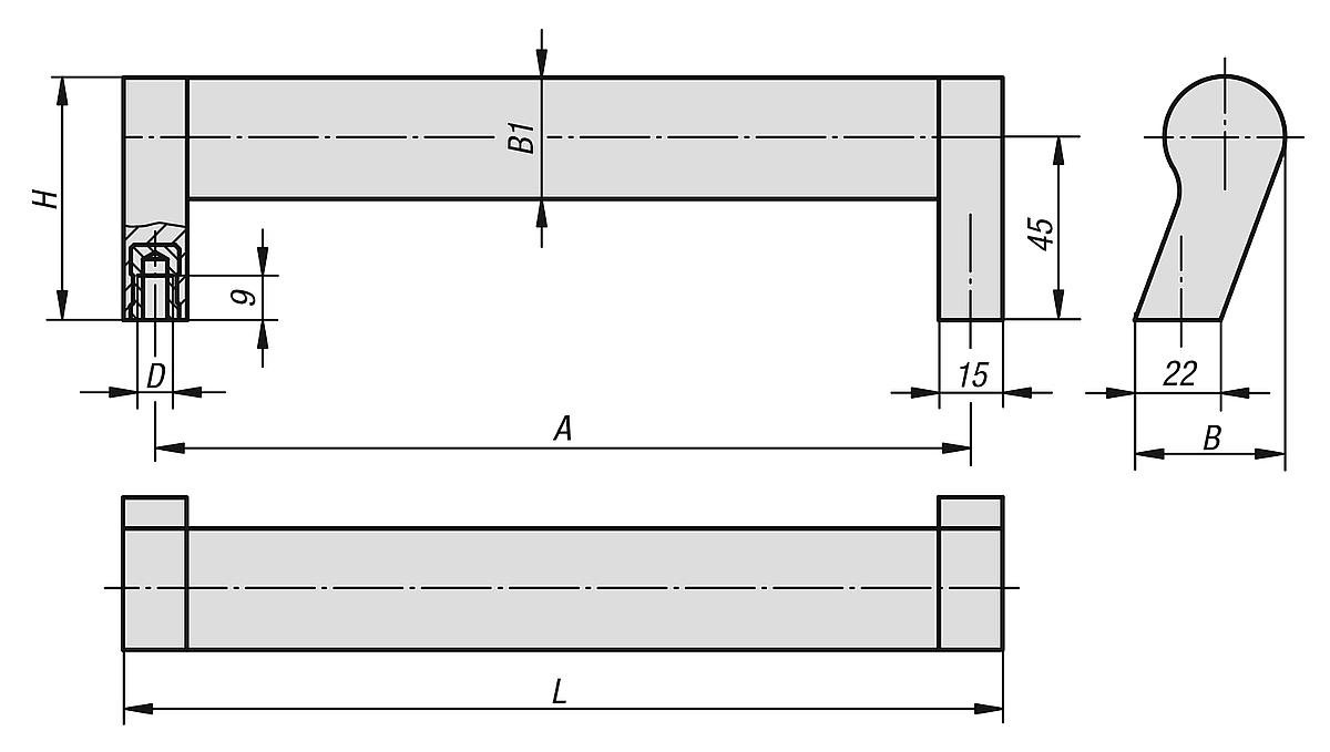 Norelem 06928-2150061 ROHRGRIFF SCHR GSTEHEND, A=150, ROHR ALUMINIUM, SCHENKEL SCH - NLM 06928 Rohrgriffe  schraegstehend - Massblatt