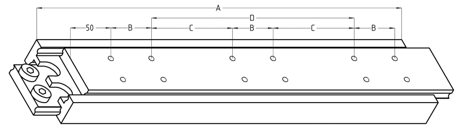 Leschhorn HPTV 8030-95-ST Hochpräzise Schwerlast Teleskopschienen, Vollauszug, Profil 80x30; L= 950, Gewinde= M8, Lastwert 850Kg,  Stahl C45E+C (1.1191) verzinkt - LE HP8030-Bemassung