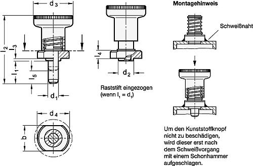 Ganter 607.4-6-14-ST RASTBOLZEN ZUM ANSCHWEIßEN - GN 607-4 Rastbolzen zum Anschweissen - ohne Rastsperre-Skizze