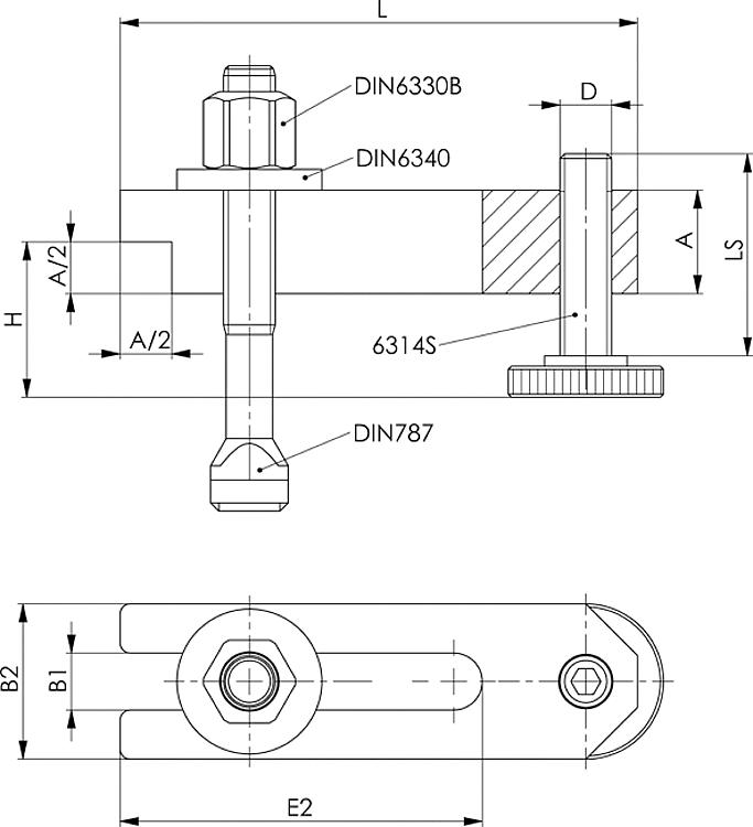 AMF 6315V-22 Spanneisen abgesetzt, mit verstellbarer Stützschraube, komplett, mit Spannschraube: M20x22x160, Nut: 22, A: 40 - LE 6315V Spanneisen - abgesetzt - mit verstellbarer Stuetzschraube komplett-Skizze