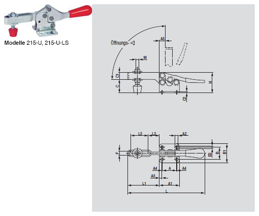 DESTACO 215-U Horizontalspanner Öffnungswinkel 90° - 215-U U-LS Horizontalspanner - U- Spannarm - Fuss abgewinkelt